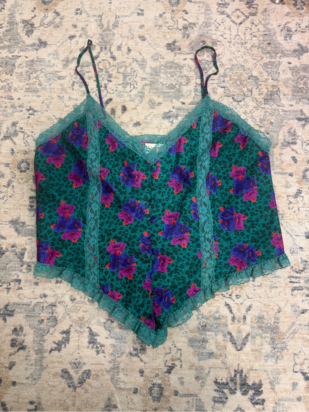 Vintage Victoria's Secret Teal Floral Lace-Trim Cami with Purple Accents